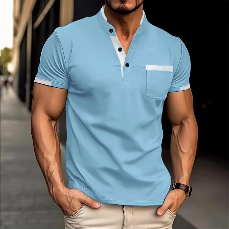 Men's Casual Contrast Color Stand Collar Patch Pocket Slim Fit Short Sleeve T-shirt 60388856M sold by Manly product image thumbnail 2