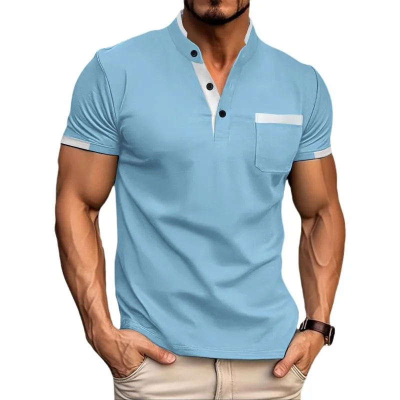 Men's Casual Contrast Color Stand Collar Patch Pocket Slim Fit Short Sleeve T-shirt 60388856M sold by Manly