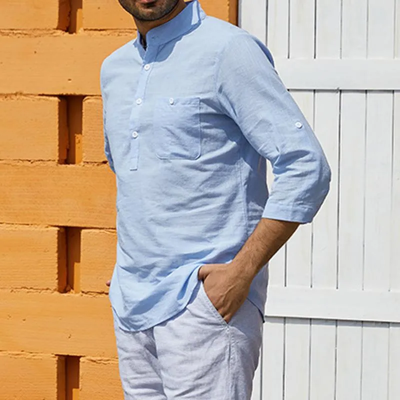 Men's Casual Solid Color Stand Collar Breast Pocket Three Quarter Sleeve Shirt 83013965Y sold by Manly product image thumbnail 5