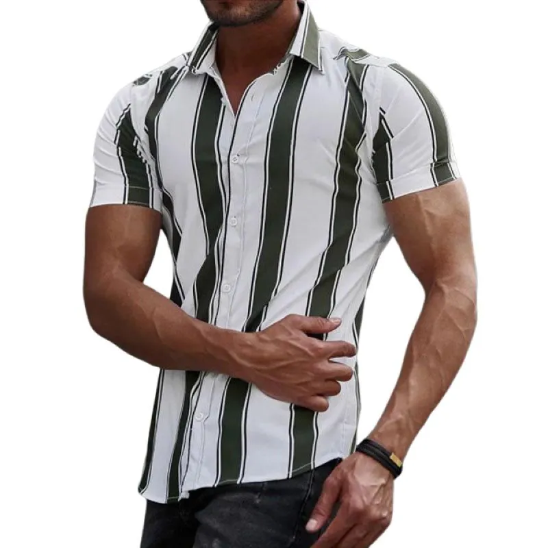Men's Casual Striped Printed Lapel Short Sleeve Shirt 29258568Y sold by Manly