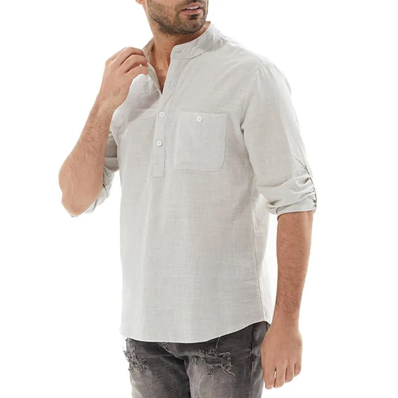 Men's Casual Solid Color Stand Collar Breast Pocket Three Quarter Sleeve Shirt 83013965Y sold by Manly