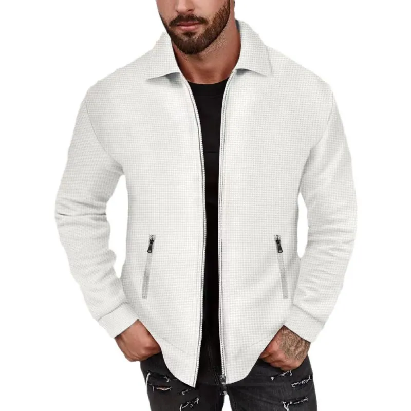 Men's Solid Waffle Lapel Long Sleeve Zipper Sports Casual Jacket 58900659Z sold by Manly