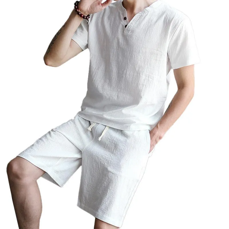 Men's Casual V-Neck Cotton Linen Short-Sleeved T-Shirt Loose Shorts Set 82876288M sold by Manly