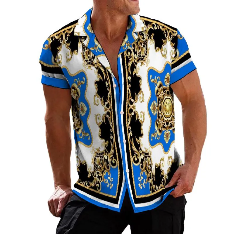 Men's Retro Color Block Palace Lapel Short Sleeve Shirt 86810305TO sold by Manly