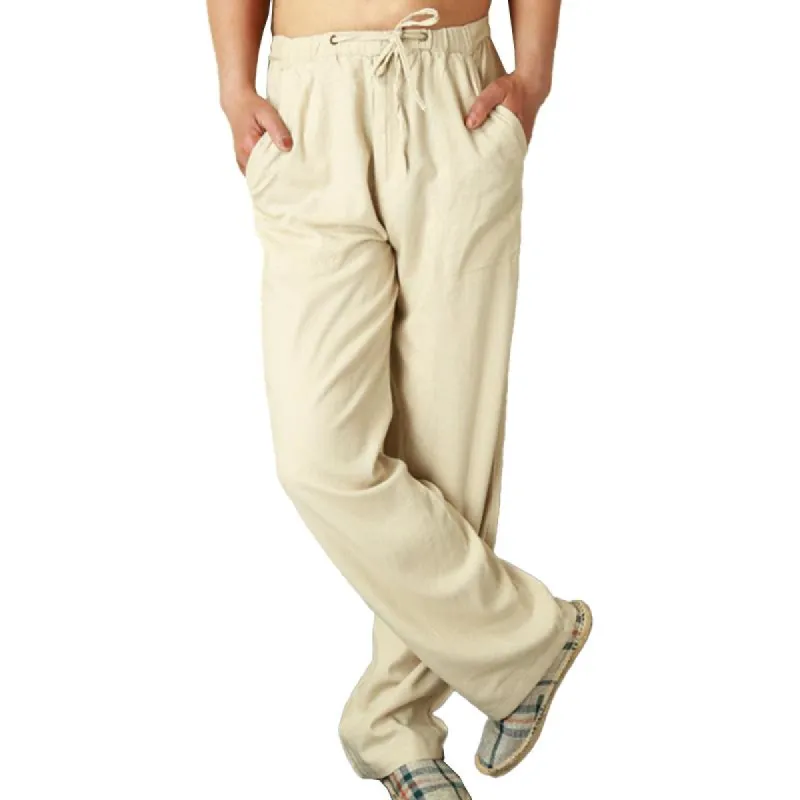 Men's Solid Loose Linen Drawstring Elastic Waist Casual Pants 17384655Z sold by Manly