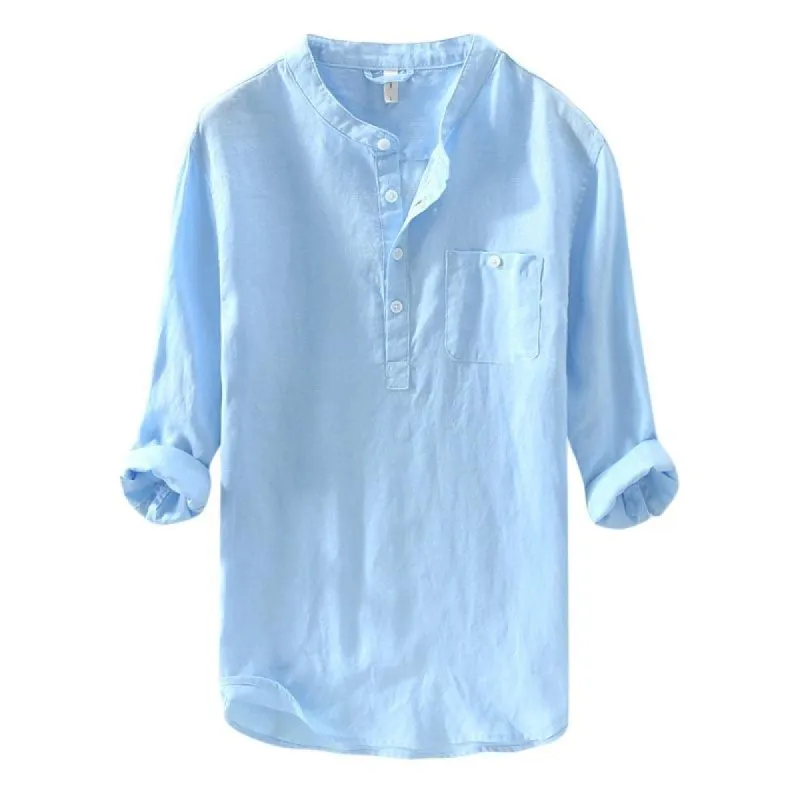Men's Solid Color Cotton Linen Long Sleeve Button Stand Collar Shirt 90957196X sold by Manly