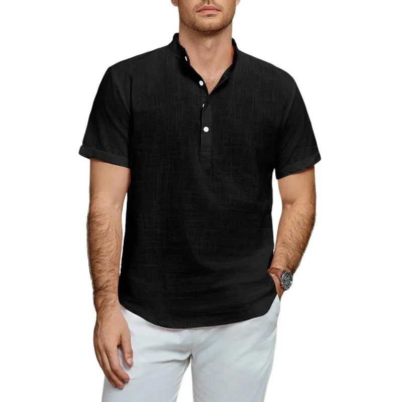 Men's Solid Color Cotton And Linen Stand Collar Short Sleeve Shirt 15039421Z sold by Manly