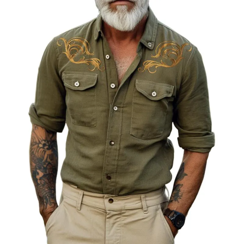 Men's Retro Casual Western Cowboy Embroidered Long Sleeve Shirt 72947697TO sold by Manly