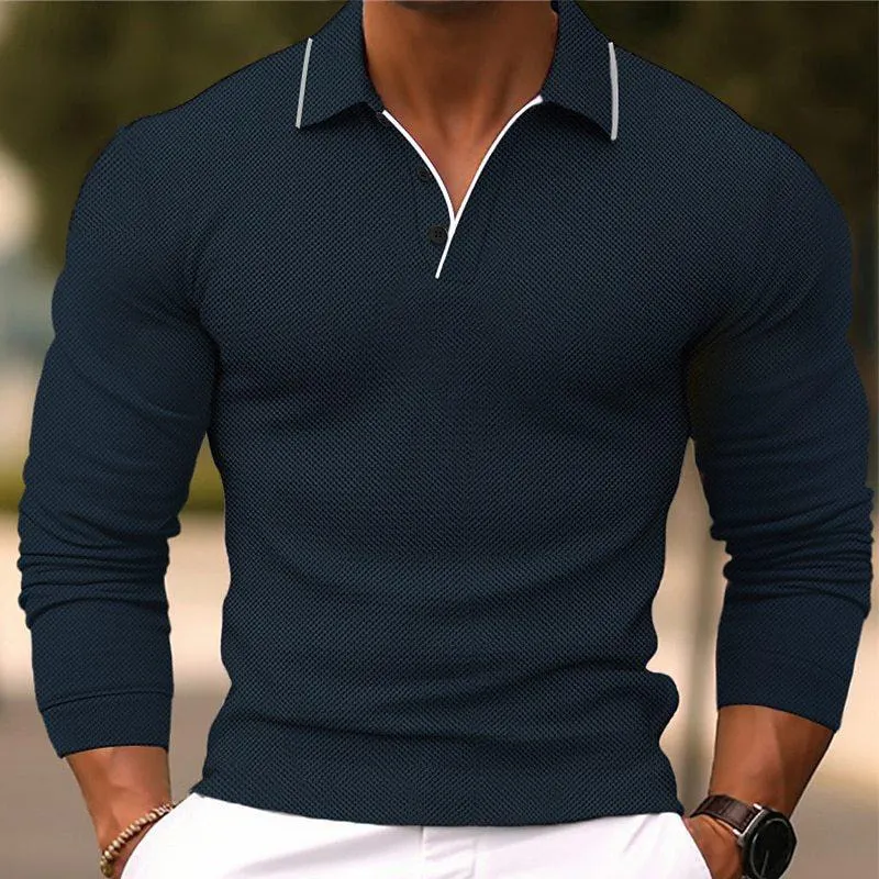 【24-hour shipping out】Men's Solid Color Lapel Slim Fit Cotton Blend Long Sleeve Polo Shirt 54171993Y sold by Manly product image thumbnail 3