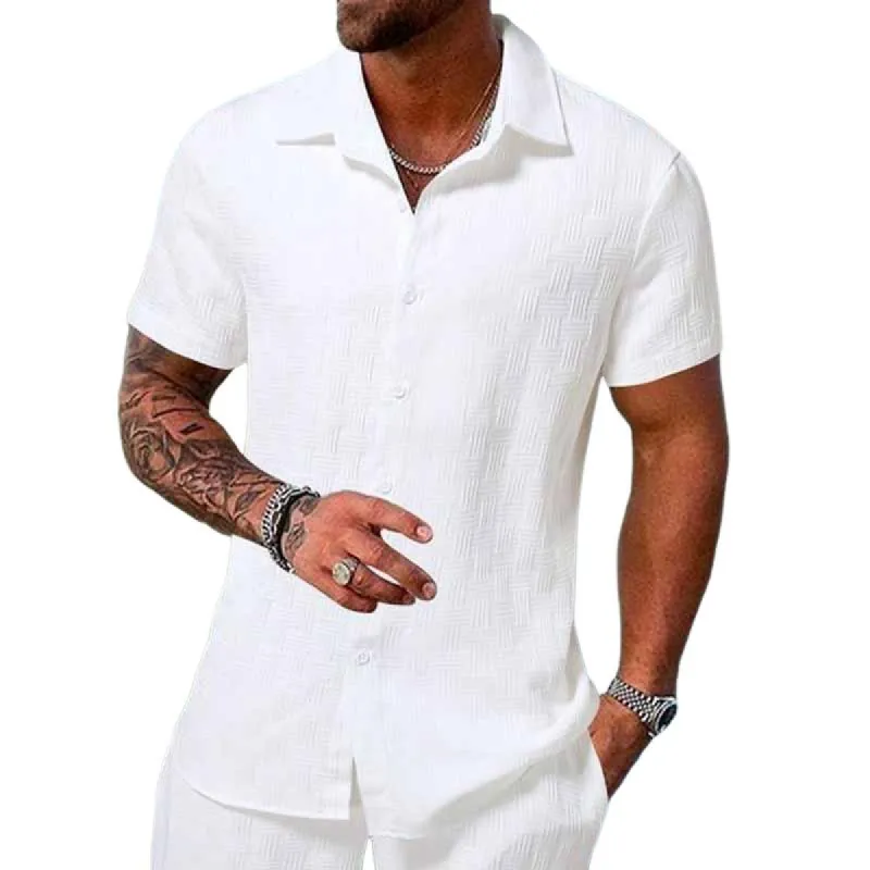 Men's Textured Solid Color Lapel Short-sleeved Shirt 01371151X sold by Manly