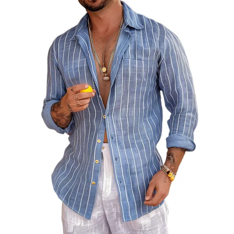 Men's Striped Lapel Long Sleeve Single Breasted Shirt 89010872Z sold by Manly