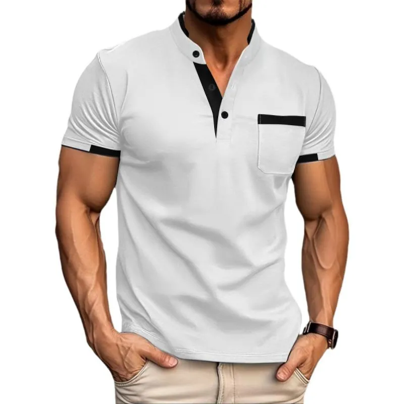 Men's Colorblock Henley Collar Chest Pocket Short Sleeve T-shirt 07928054Z sold by Manly