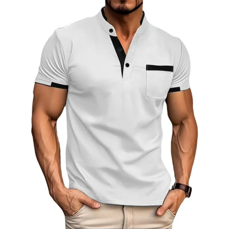 Men's Colorblock Henley Collar Chest Pocket Short Sleeve T-shirt 07928054Z sold by Manly