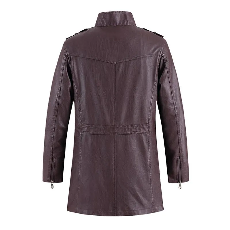 Men's Vintage Stand Collar Zipper Slim Leather Mid-Length Coat 15578652M sold by Manly product image thumbnail 4