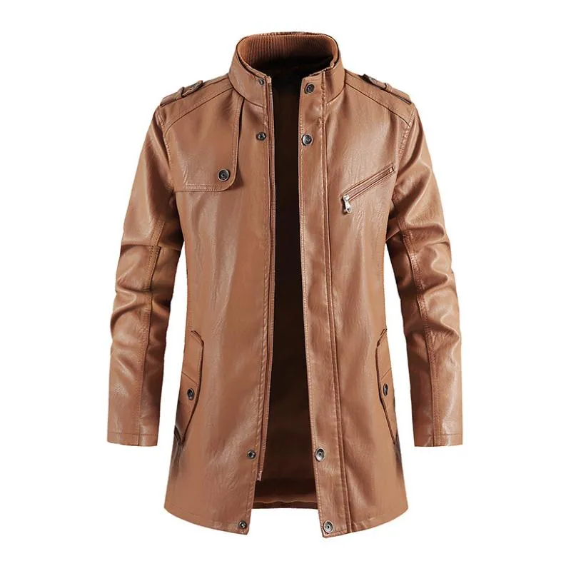 Men's Vintage Stand Collar Zipper Slim Leather Mid-Length Coat 15578652M sold by Manly