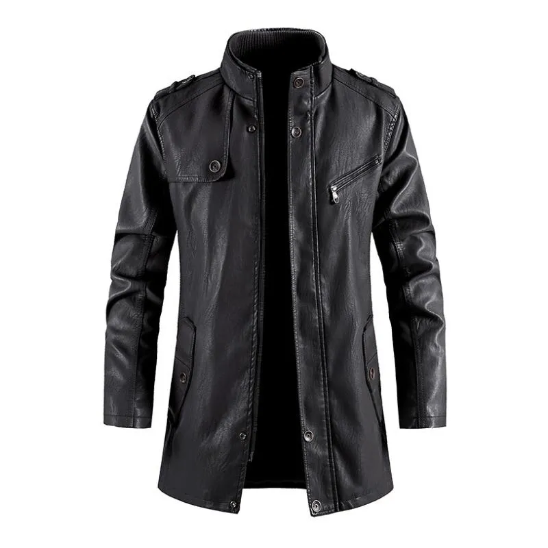 Men's Vintage Stand Collar Zipper Slim Leather Mid-Length Coat 15578652M sold by Manly product image thumbnail 5