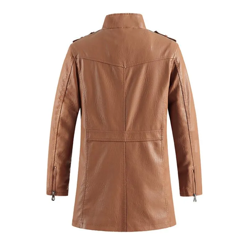 Men's Vintage Stand Collar Zipper Slim Leather Mid-Length Coat 15578652M sold by Manly product image thumbnail 2