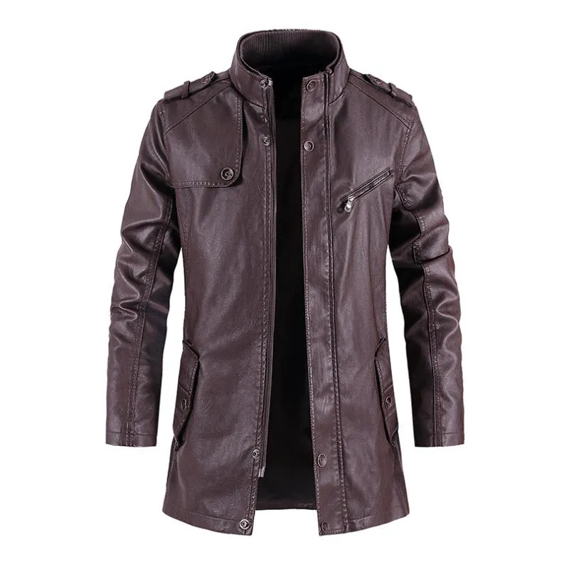 Men's Vintage Stand Collar Zipper Slim Leather Mid-Length Coat 15578652M sold by Manly product image thumbnail 3
