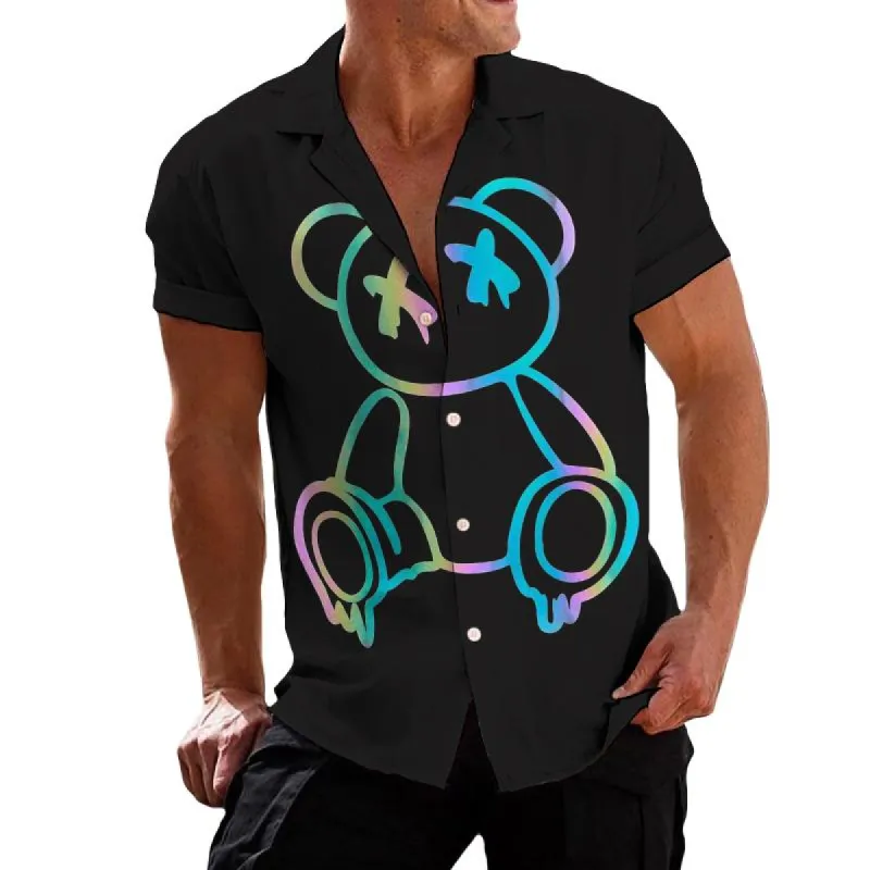 Men's Casual Colorful Teddy Bear Lapel Printed Shirt 99518257TO sold by Manly