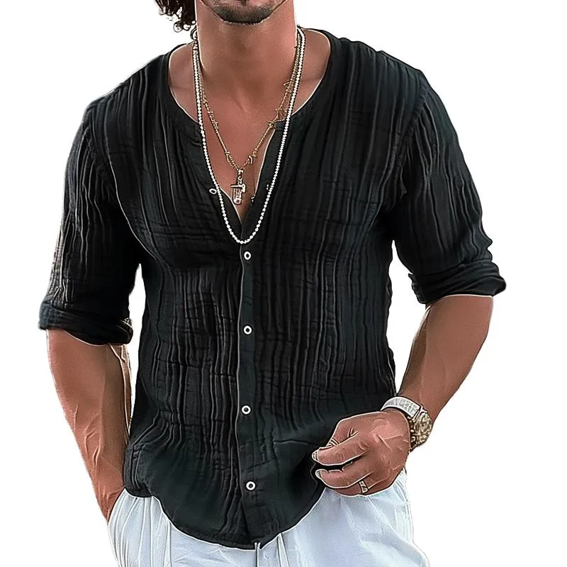 Men's Solid Color Loose Round Neck Long Sleeve Shirt 03236657Z sold by Manly