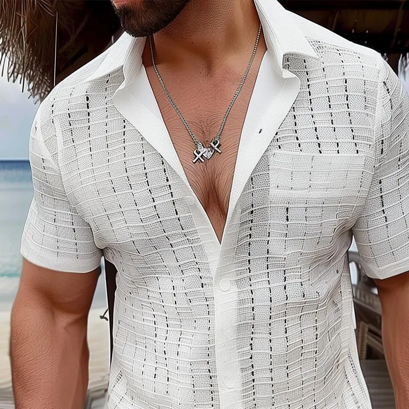Men's Solid Color Hollow Out Lapel Short Sleeve Shirt 93965740Z sold by Manly product image thumbnail 3