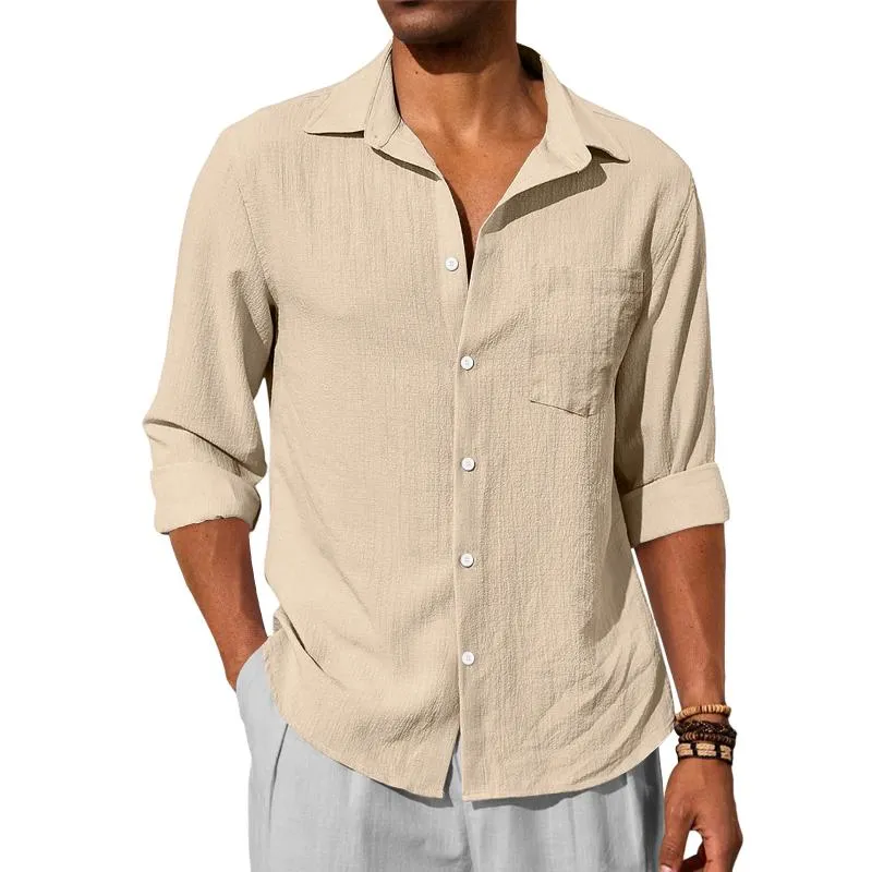 Men's Casual Cotton Linen Lapel Patch Pocket Slim Fit Long Sleeve Shirt 50098402M sold by Manly