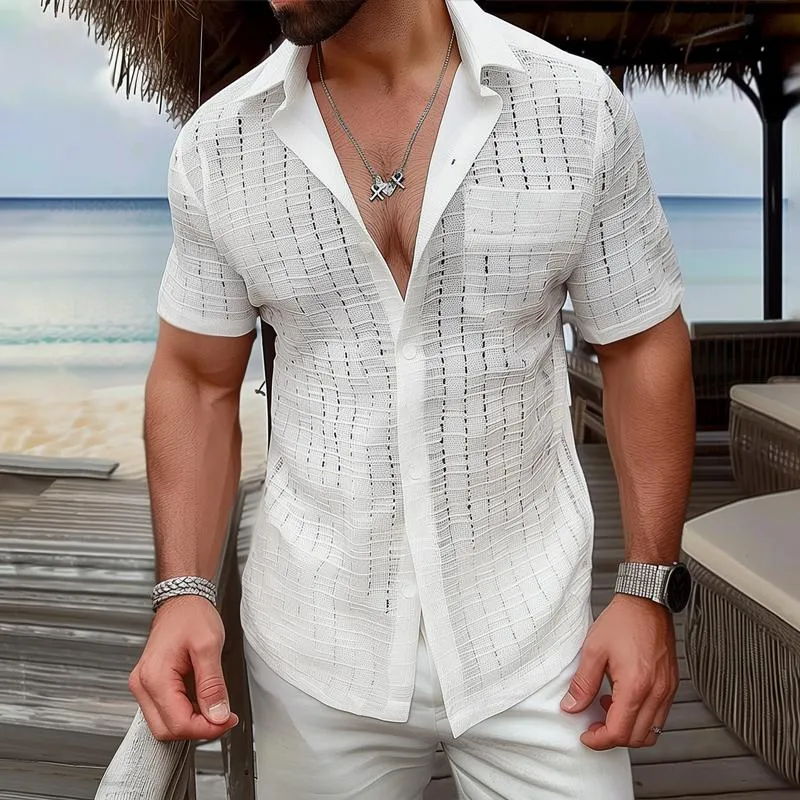 Men's Solid Color Hollow Out Lapel Short Sleeve Shirt 93965740Z sold by Manly product image thumbnail 2