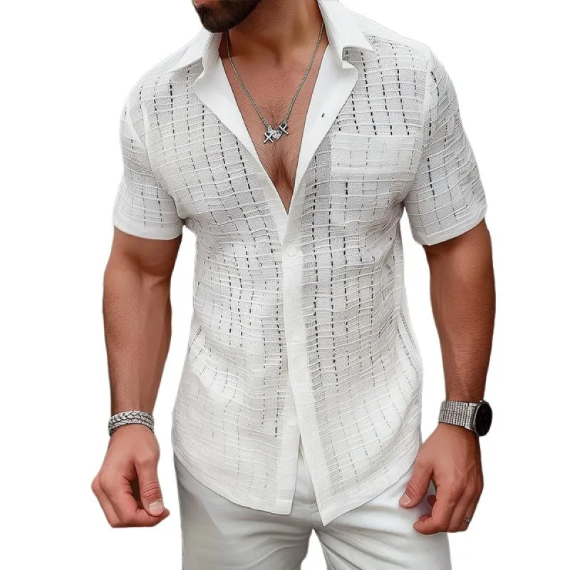 Men's Solid Color Hollow Out Lapel Short Sleeve Shirt 93965740Z sold by Manly