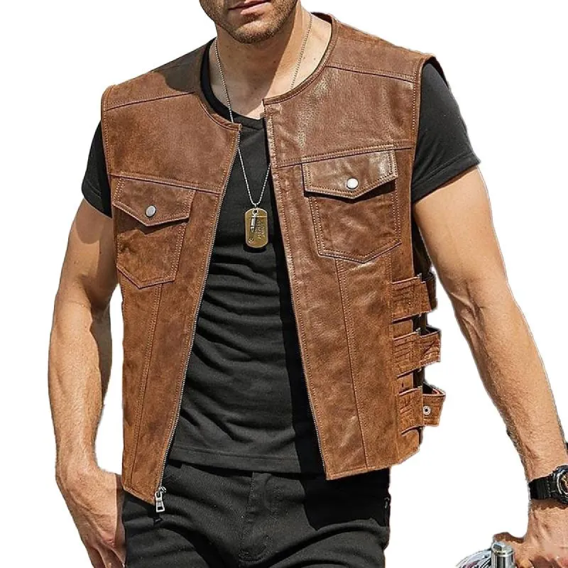 Men's Vintage Solid Color Chest Pocket Collarless Leather Vest 89985087Y sold by Manly