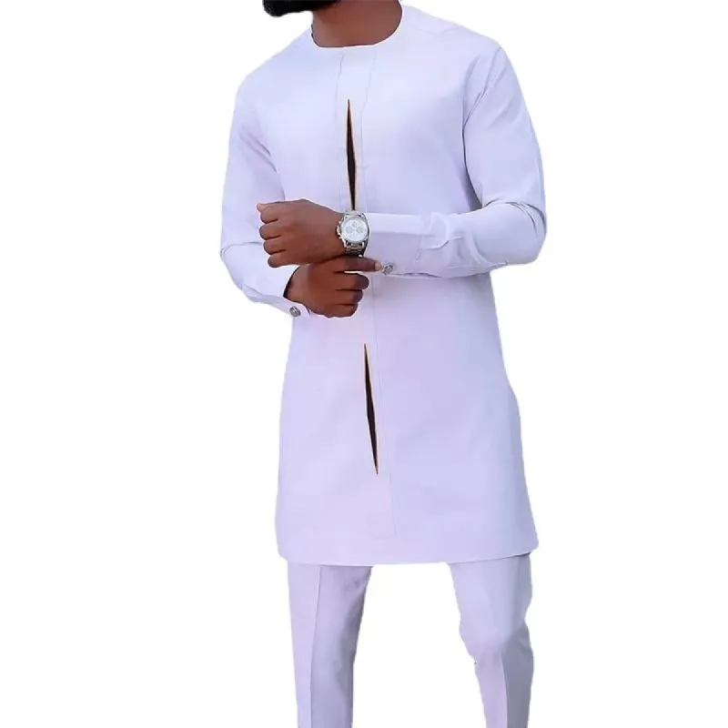 Men's Loose Solid Color Ethnic Style Round Neck Long Sleeve Shirt Set 91926338Y sold by Manly