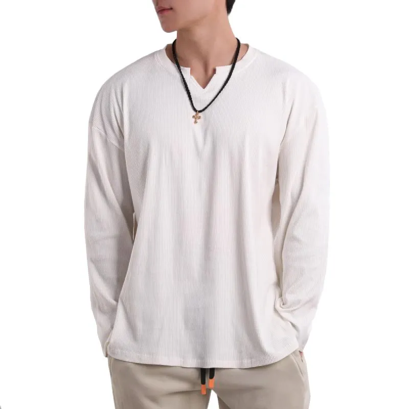 Men's Solid Striped V Neck Long Sleeve Casual T-shirt 89048208Z sold by Manly