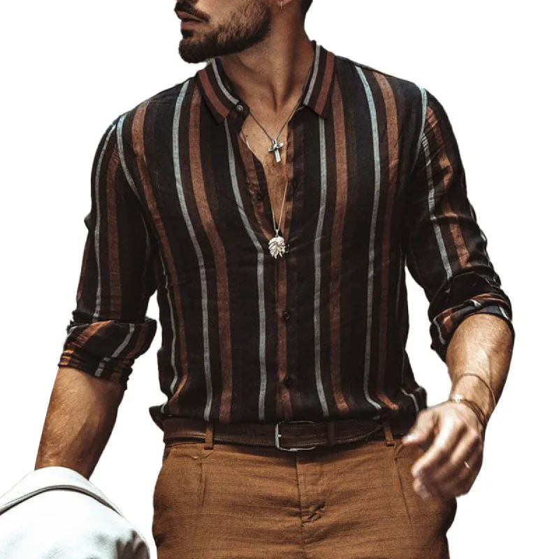 Men's Casual Lapel Stripe Slim Long Sleeve Shirt 84139040M sold by Manly