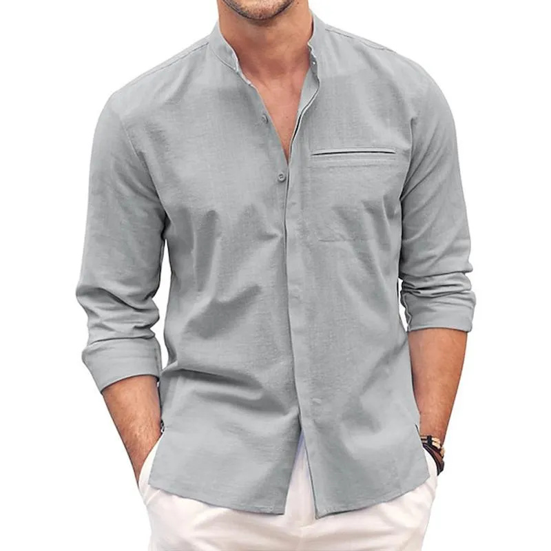 Men's Solid Cotton And Linen Stand Collar Breast Pocket Long Sleeve Shirt 50497304Z sold by Manly