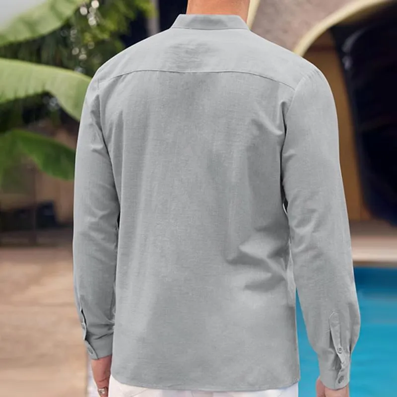 Men's Solid Cotton And Linen Stand Collar Breast Pocket Long Sleeve Shirt 50497304Z sold by Manly product image thumbnail 5