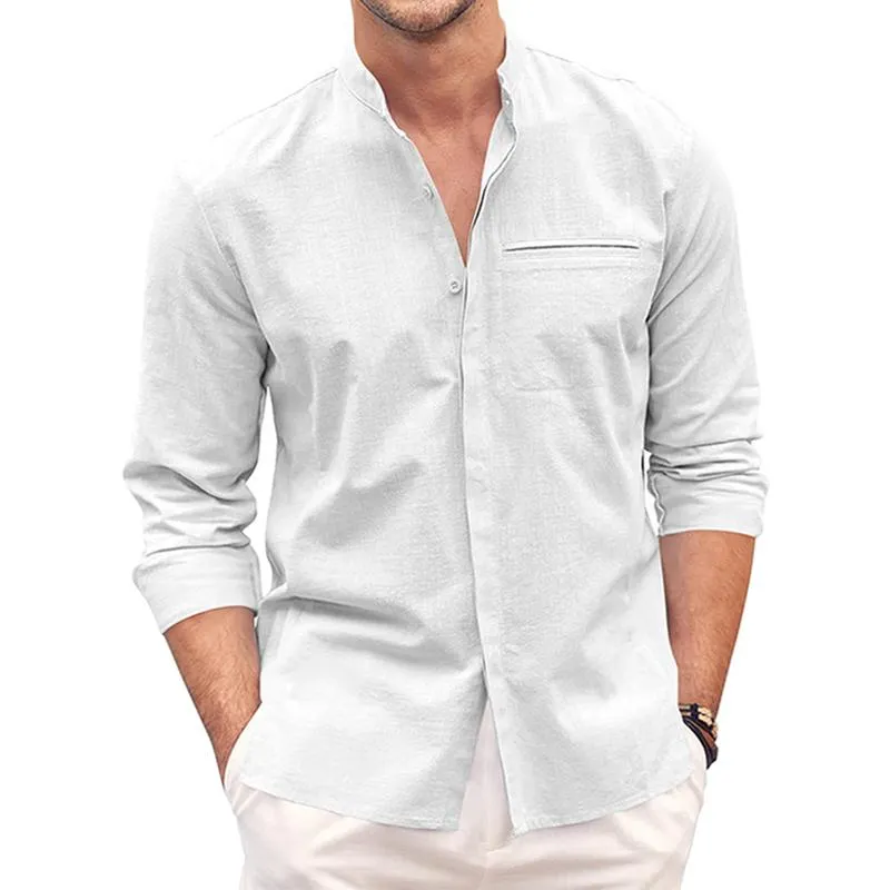 Men's Solid Cotton And Linen Stand Collar Breast Pocket Long Sleeve Shirt 50497304Z sold by Manly product image thumbnail 3