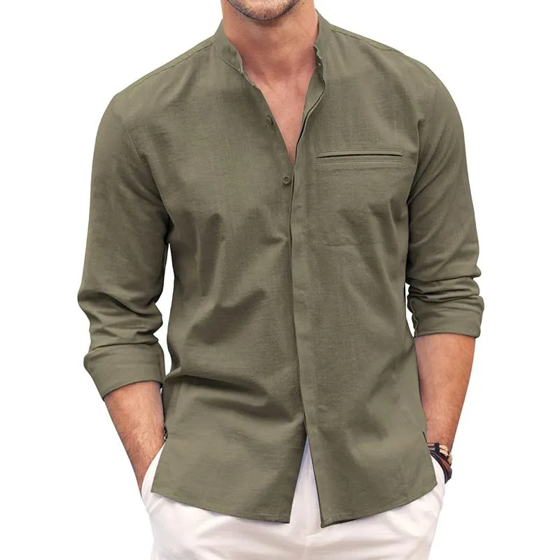 Men's Solid Cotton And Linen Stand Collar Breast Pocket Long Sleeve Shirt 50497304Z sold by Manly product image thumbnail 2