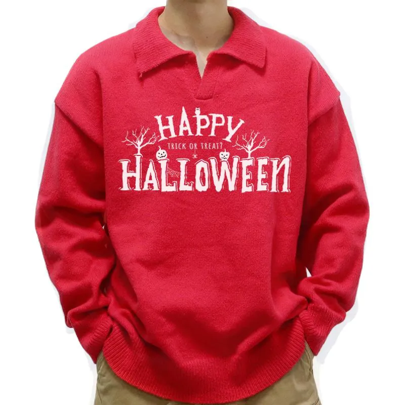 Men's Casual Polo Collar Happy Halloween Print Long Sleeve Pullover Sweater 23302005M sold by Manly