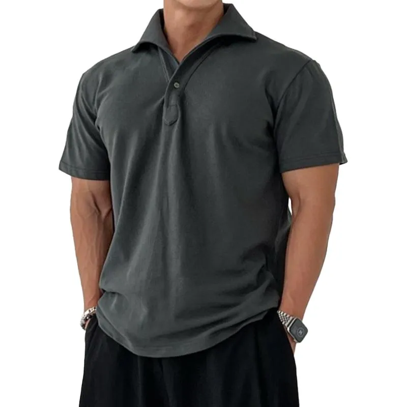 Men's Solid Loose Lapel Short Sleeve Casual Polo Shirt 18416155Z sold by Manly