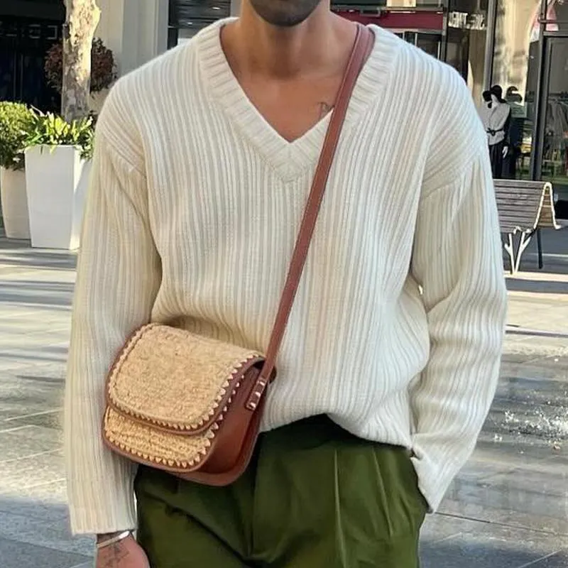 Men's Solid Color Striped V Neck Long Sleeve Knit Sweater 18225046Z sold by Manly product image thumbnail 2