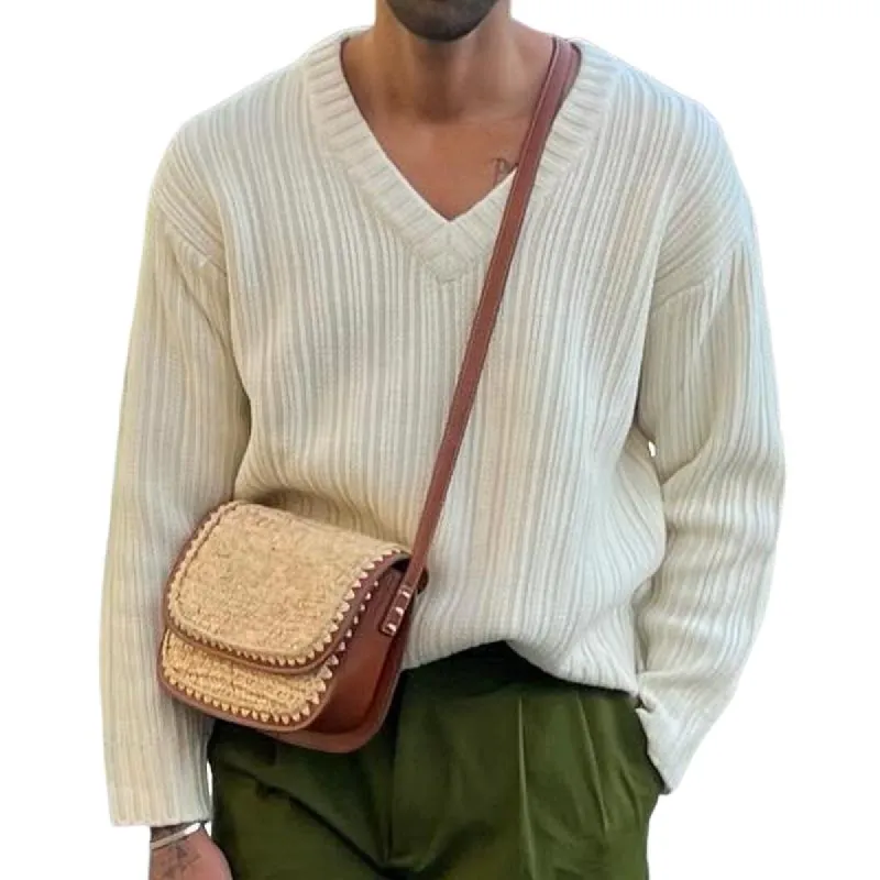 Men's Solid Color Striped V Neck Long Sleeve Knit Sweater 18225046Z sold by Manly
