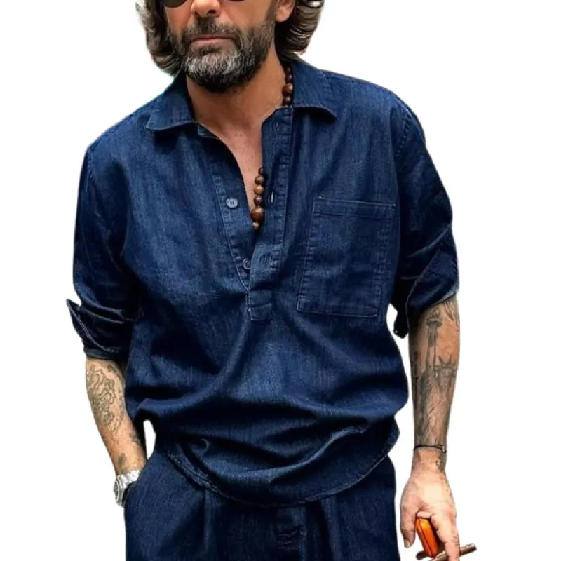 Men's Vintage Button V-Neck Denim Long Sleeve Shirt 65161564Y sold by Manly