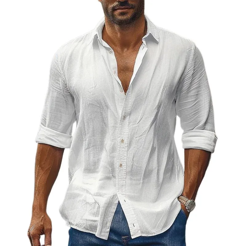 Men's Solid Color Cotton and Linen Thin Long-sleeved Shirt 01158722X sold by Manly