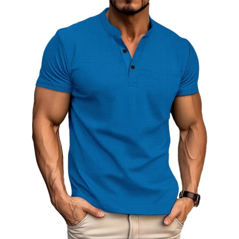 Men's Solid Waffle Henley Collar Short Sleeve Casual T-shirt 36284669Z sold by Manly