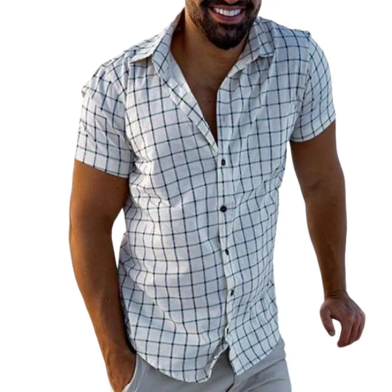 Men's Casual Simple Plaid Lapel Shirt 74694685TO sold by Manly