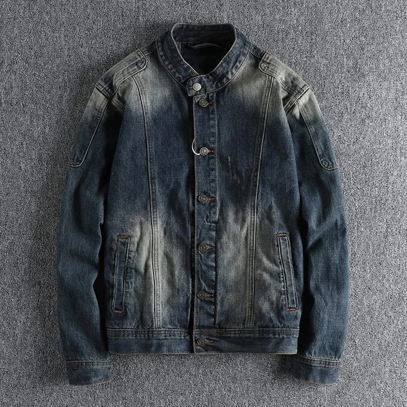 Men's Vintage Washed Distressed Stand Collar Denim Jacket 42326346Y sold by Manly product image thumbnail 2