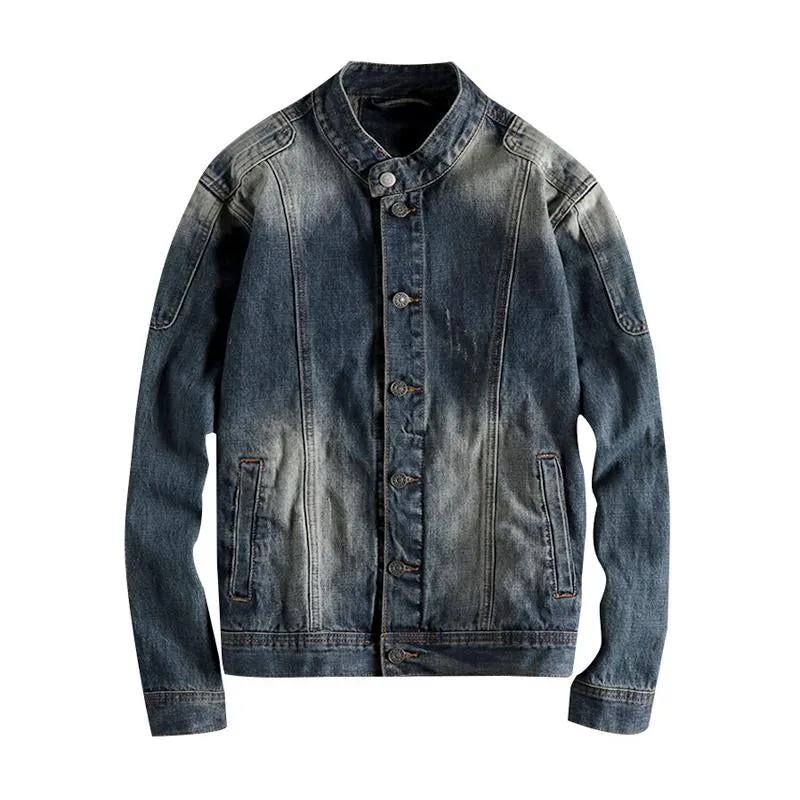 Men's Vintage Washed Distressed Stand Collar Denim Jacket 42326346Y sold by Manly