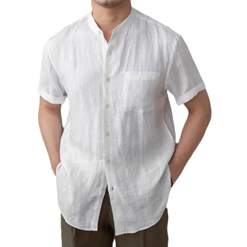 Men's Solid Linen Breathable Lapel Short Sleeve Shirt 93937165Z sold by Manly