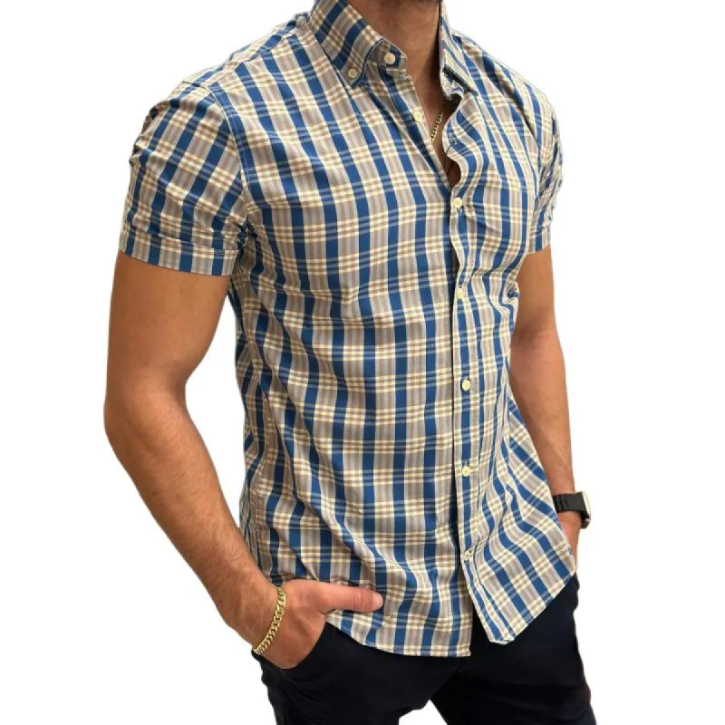 Men's Retro Plaid Lapel Short Sleeve Shirt 06550420TO sold by Manly