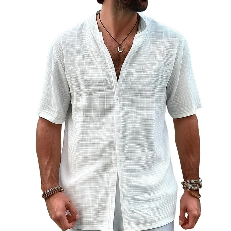 Men's Solid Color Textured Stand Collar Short Sleeve Shirt 38642734Z sold by Manly