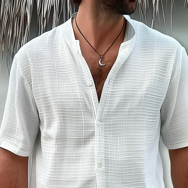 Men's Solid Color Textured Stand Collar Short Sleeve Shirt 38642734Z sold by Manly product image thumbnail 3
